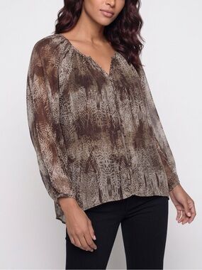 Nicole Richie Collection WarmTaupeBrown Patterned Sheer Button-Front Tunic